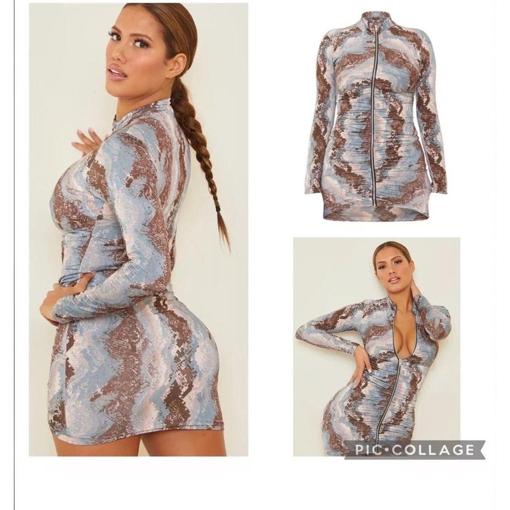 PrettyLittleThing Gray and White Long Sleeve Bodycon Dress